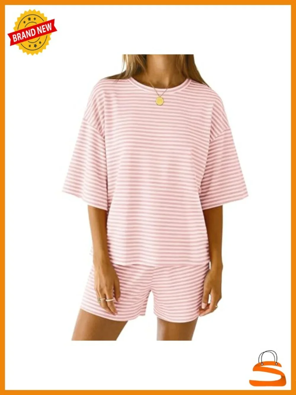 Women Striped Pajama 3/4 Sleeve Crew Neck Top Shorts Lounge Set